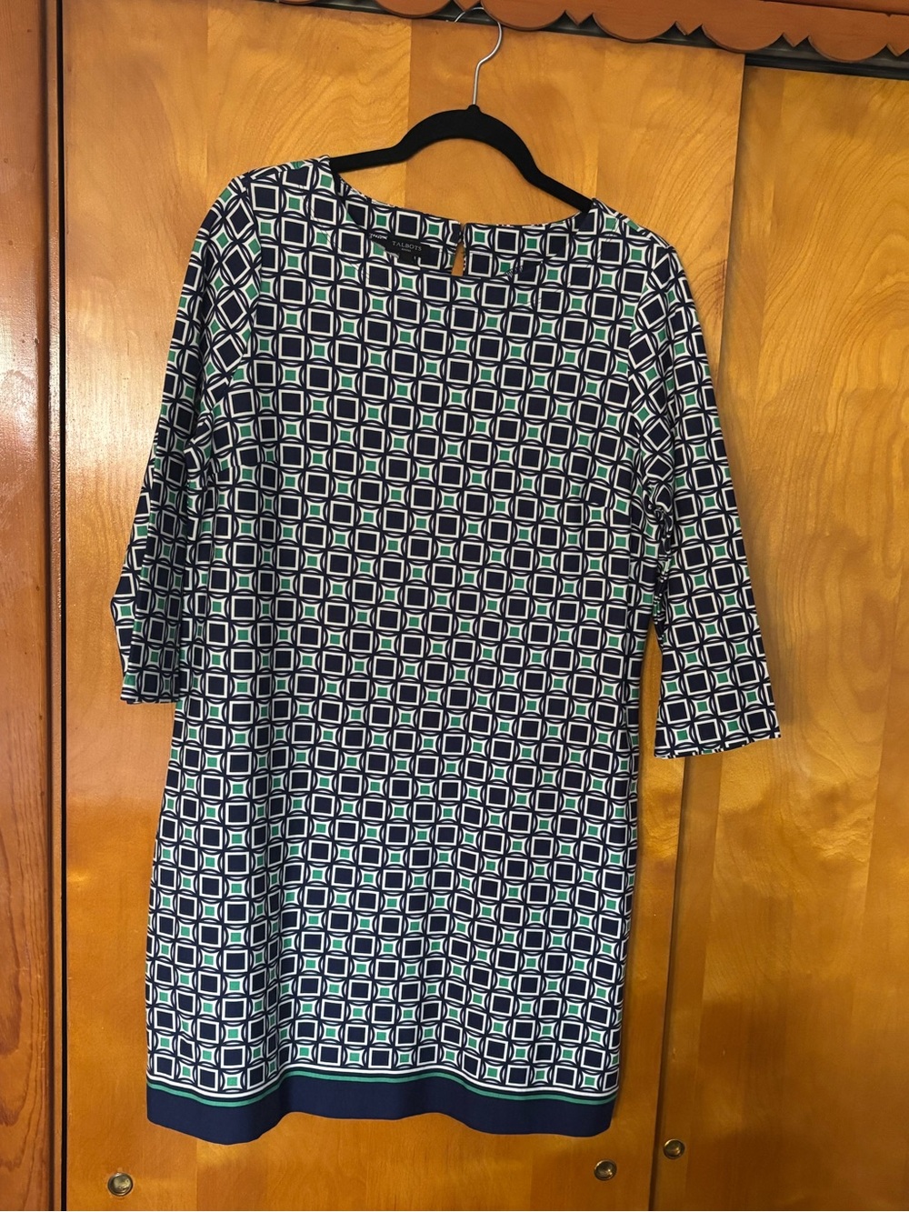 Talbots Navy, Green and White Geometric Shift Midi Dress